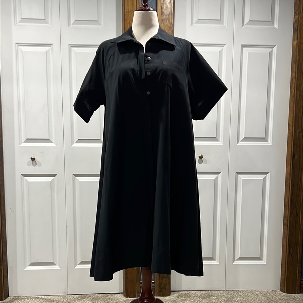 Black A-line Midi Dress with Polo Collar
